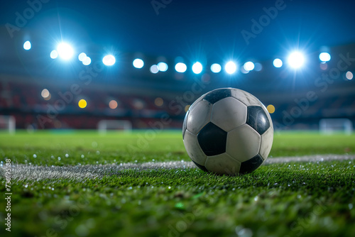 Close up of a soccer ball in the center of the stadium illuminated by the headlights © Mkorobsky