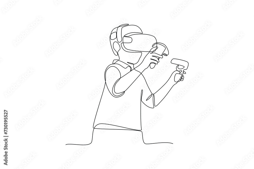 Single continuous line drawing of young man paying game with virtual reality controller. Virtual reality game player concept one line draw design vector illustration Single continuous line drawing of young man paying game with virtual reality controller. Virtual reality game player concept one line draw design vector illustration