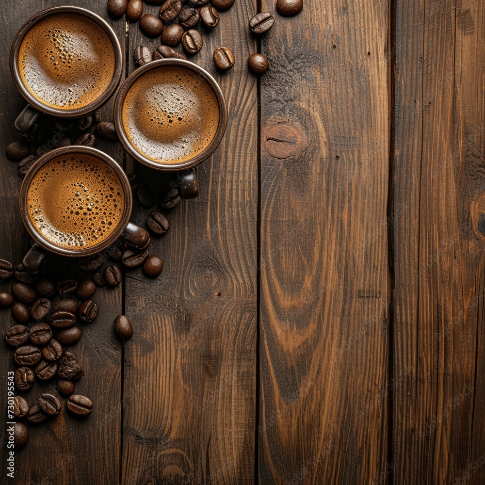 Cup of coffee showcased on a wooden background. Black coffee with beans on vintage table. Copy space for text Cup of coffee showcased on a wooden background. Black coffee with beans on vintage table. Copy space for text