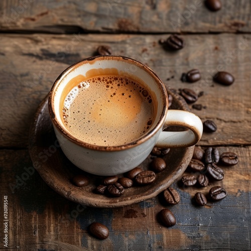 Cup of coffee showcased on a wooden background. Black coffee with beans on vintage table. Copy space for text
