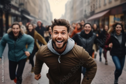 happy man running on the background of a crowd of people photo