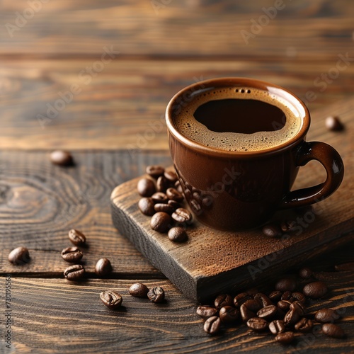 Cup of coffee showcased on a wooden background. Black coffee with beans on vintage table. Copy space for text