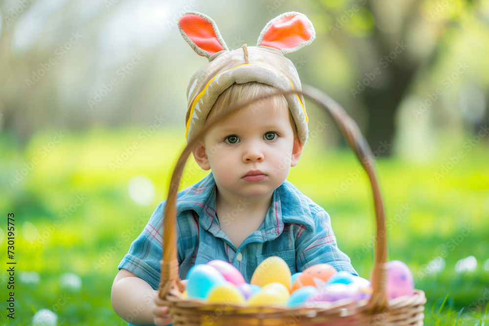 Child in bunny ears explores Easter egg hunt on lush green grass Child in bunny ears explores Easter egg hunt on lush green grass