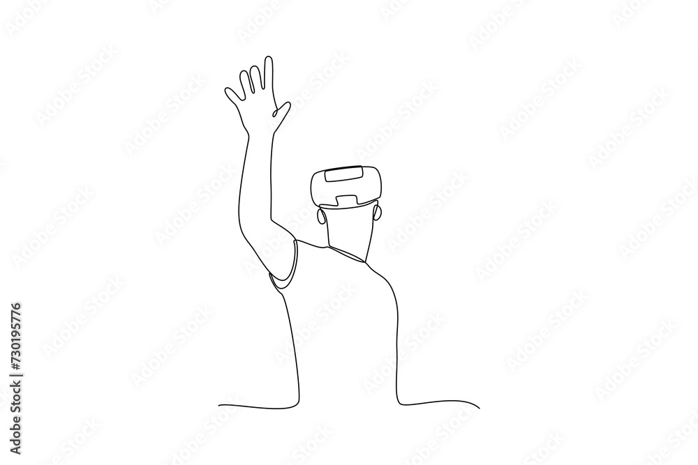 Obraz premium Single continuous line drawing of man playing game in virtual reality. Virtual reality game player concept one line draw design vector illustration
