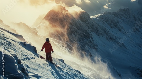 Snowboarder in red sportwear standing on snowy ridge, looking down on mountain view illuminated warm light. © Lustre