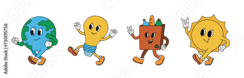 Set of cute retro cartoon elements for world environment day. Earth day, zero waste, sustainability theme. Good for stickers, prints, cards, banners, logos, etc. EPS 10