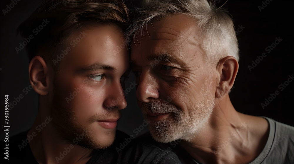 Intimate portrait of two men, reflecting generational bond. capturing connection and emotion. dark background, close-up shot. AI Intimate portrait of two men, reflecting generational bond. capturing connection and emotion. dark background, close-up shot. AI
