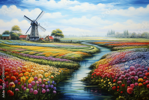 Windmühle mit Fluss und bunten Blumenfeld