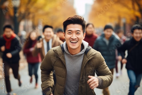 happy asian man running on the background of a crowd of people