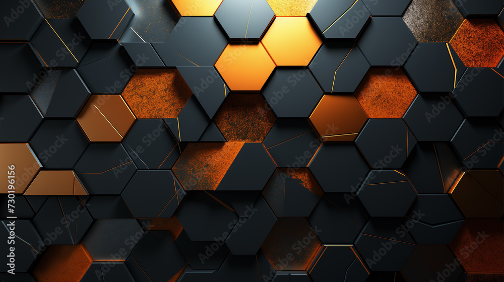The vivid hexagonal composition merges dark silver & gold hues with recycled material murals & puzzle-like pieces on a black backdrop. The vivid hexagonal composition merges dark silver & gold hues with recycled material murals & puzzle-like pieces on a black backdrop.