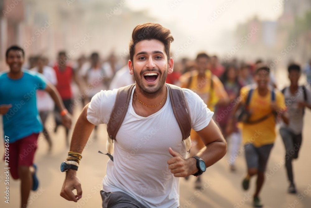 happy indian man running on the background of a crowd of people happy indian man running on the background of a crowd of people