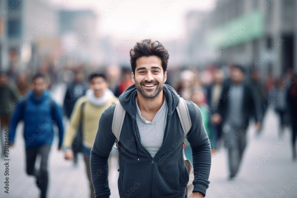 happy indian man running on the background of a crowd of people happy indian man running on the background of a crowd of people