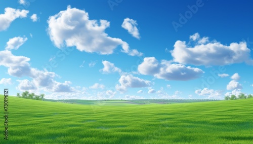 Green field on the horizon Panoramic green field landscape view. Blue mountains background and bright blue sky. Windows background  wallpaper