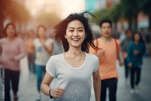 happy asian woman running on the background of a crowd of people