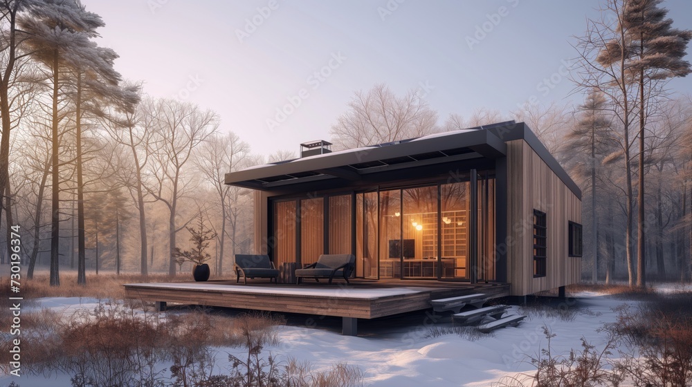 Eco friendly contemporary passive house with light inside and solar panels and terrace in winter with photovoltaic system on the roof against forest landscape