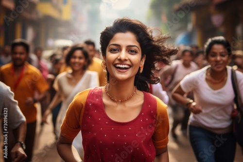happy indian woman running on the background of a crowd of people
