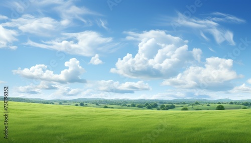 Green field on the horizon Panoramic green field landscape view. Blue mountains background and bright blue sky. Windows background  wallpaper