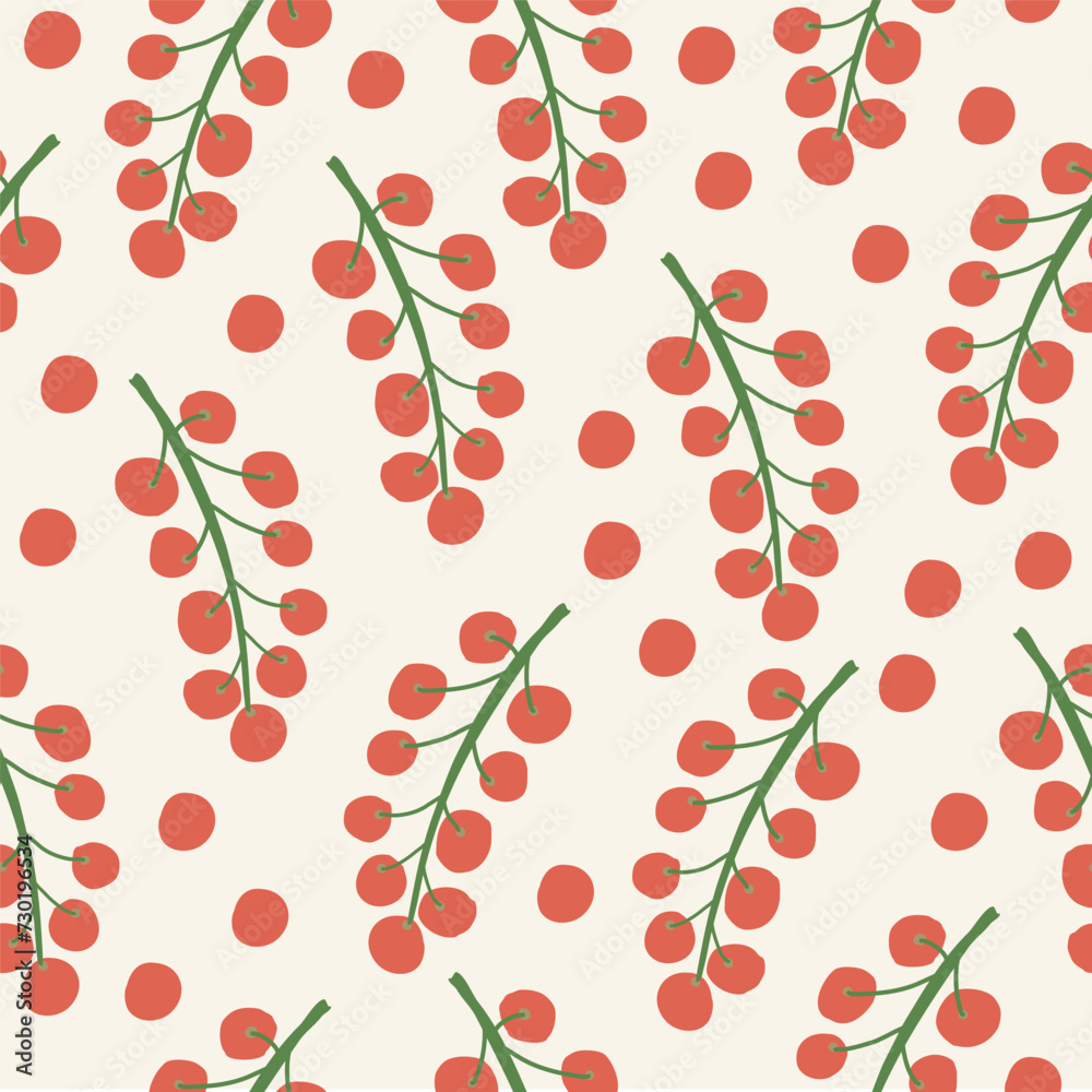 Vegetable trendy creative  cjlorful seamless pattern. Hand drawn, flat scandinavian style, manual art, tomato cherry. Healthy nutrition, organic food. Vector illustration.