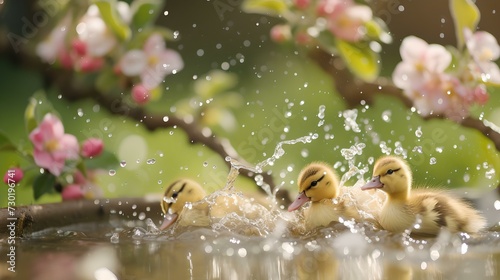 Ducklings splashing around in water amid spring blossoms. serene nature scene. perfect for wildlife themes. AI © Irina Ukrainets