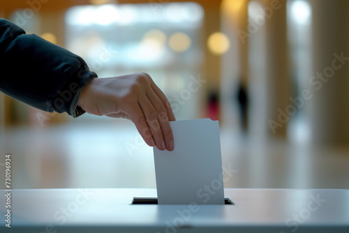 Civic Duty Concept: Close-Up of Hand Casting Ballot into Secure Box, Symbol of Democracy in Action, Voting Process in Bright Modern Polling Station