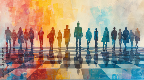 concept of Belonging Inclusion Diversity Equity DEIB, group of multicolor painted people of different styles on same game chess board	
