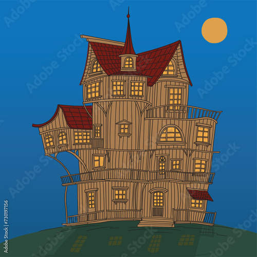 Fairytale children's wooden house with tiled roof. Sketch in cartoon style.