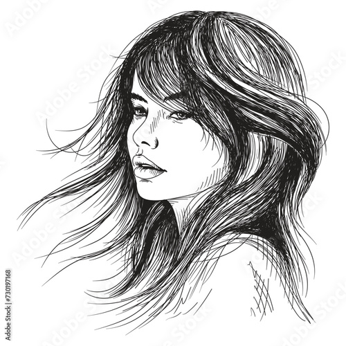 Vector portrait of a fashionable young beautiful girl with tousled hair. Vector dotted black and white female portrait.