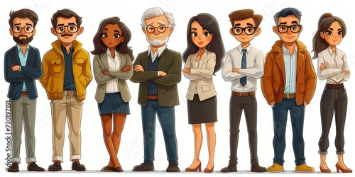 A flat cartoon character set depicting a diverse and stylish group of young professionals, representing teamwork and modern corporate life.