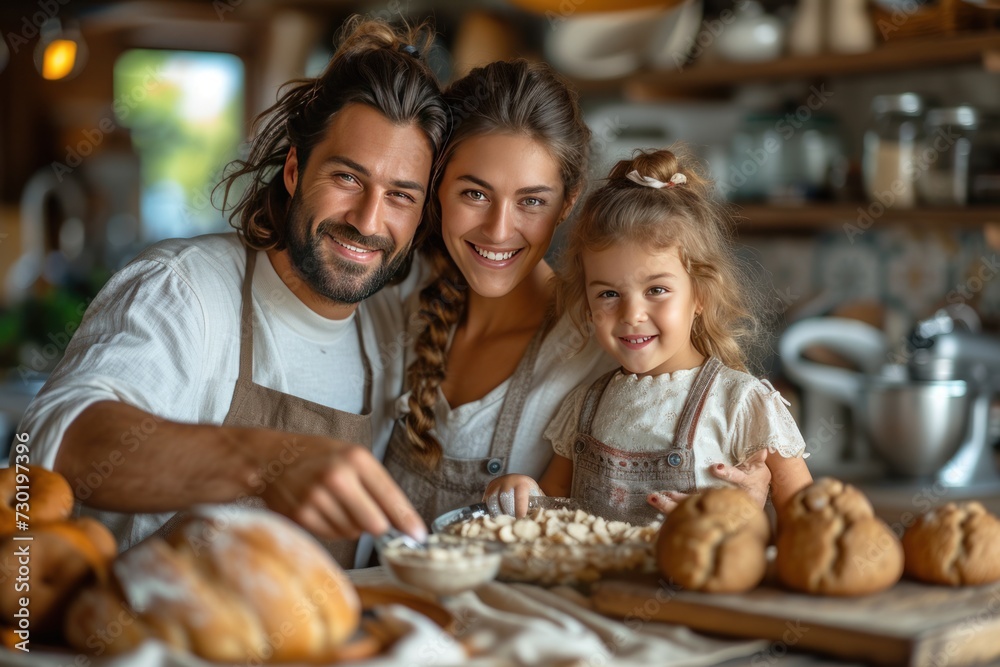 Portrait of enjoy happy love American family father and mother with little American girl daughter child play and having fun cooking food together with baking cookie and cake ingredient in kitchen