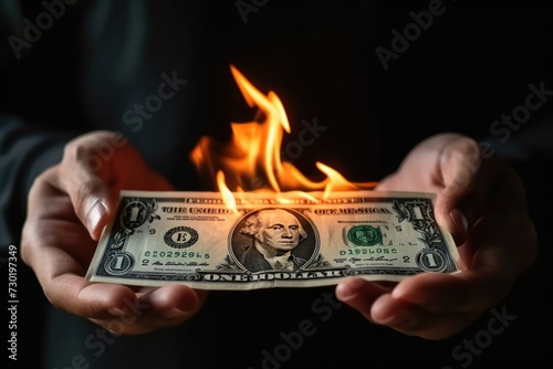 Close up shot of A Businessman holding a dollar bill with fire burning on the bill