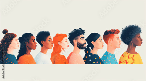 concept of Belonging Inclusion Diversity Equity DEIB, group of multicolor hand drawn style watercolor painted people of different skin and religions	
