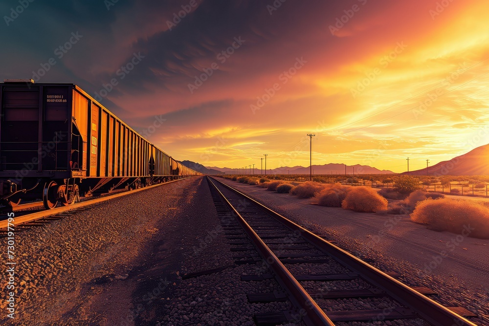 Fototapeta premium A train is driving on train railroad tracks at sunset.