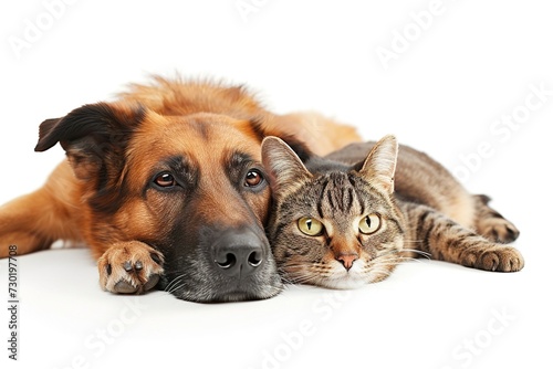 a dog and a cat lie together