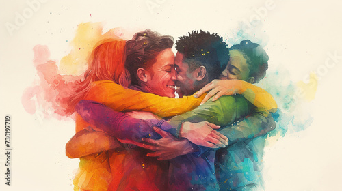 concept of Belonging Inclusion Diversity Equity DEIB, group of colorful people of different backgrounds hugging eachother	
