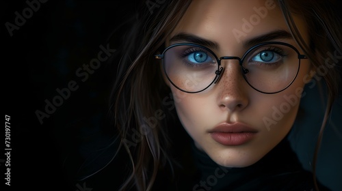 Intriguing ai-created portrait of a woman with blue eyes and glasses. ideal for modern art uses. versatile and stylish image. AI
