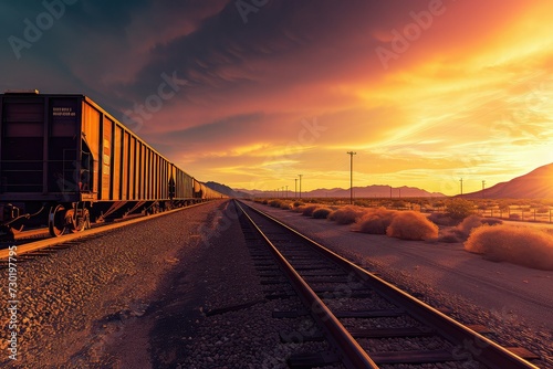 A train is driving on train railroad tracks at sunset.
