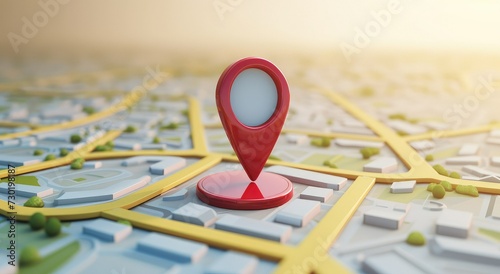 3d map city with red navigator pin locator.