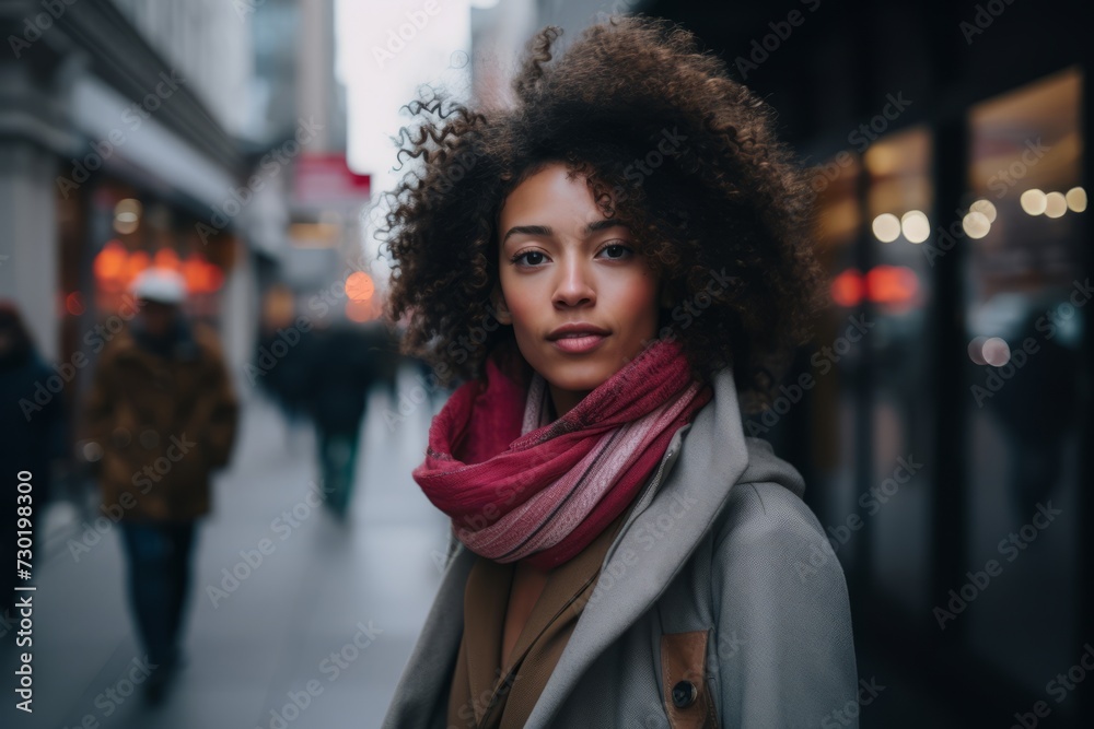 Beautiful african american woman with afro hairstyle wearing coat and scarf walking in the city. Beautiful african american woman with afro hairstyle wearing coat and scarf walking in the city.