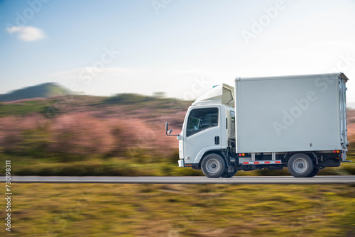 Side view of a small truck driving on a country road, truck running on the road, small truck on the road.