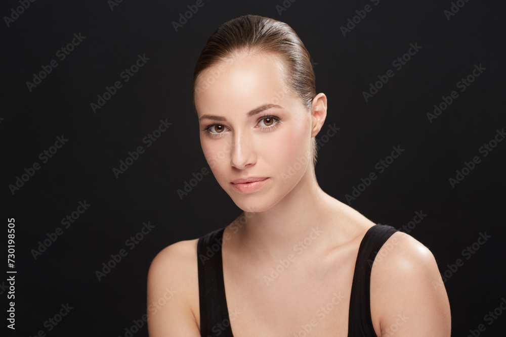 Model, confident and portrait in studio with cosmetics, spa and beauty treatment for cosmetology in mockup. Woman, face or skincare with collagen for glow, healthy body or make up on black background Model, confident and portrait in studio with cosmetics, spa and beauty treatment for cosmetology in mockup. Woman, face or skincare with collagen for glow, healthy body or make up on black background