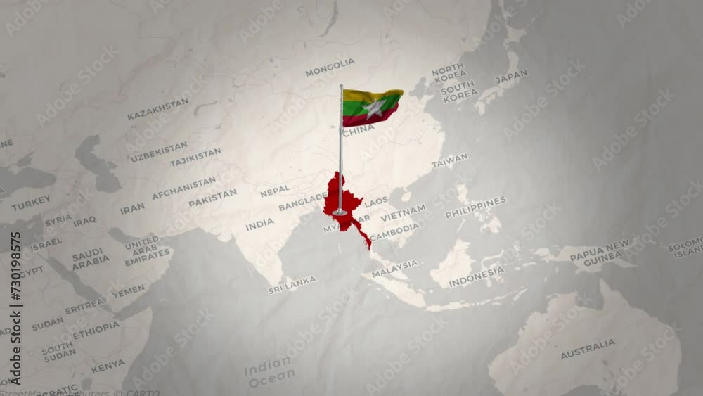 Aerial Views of Myanmar's Flag Above the Map.
myanmar Map.
