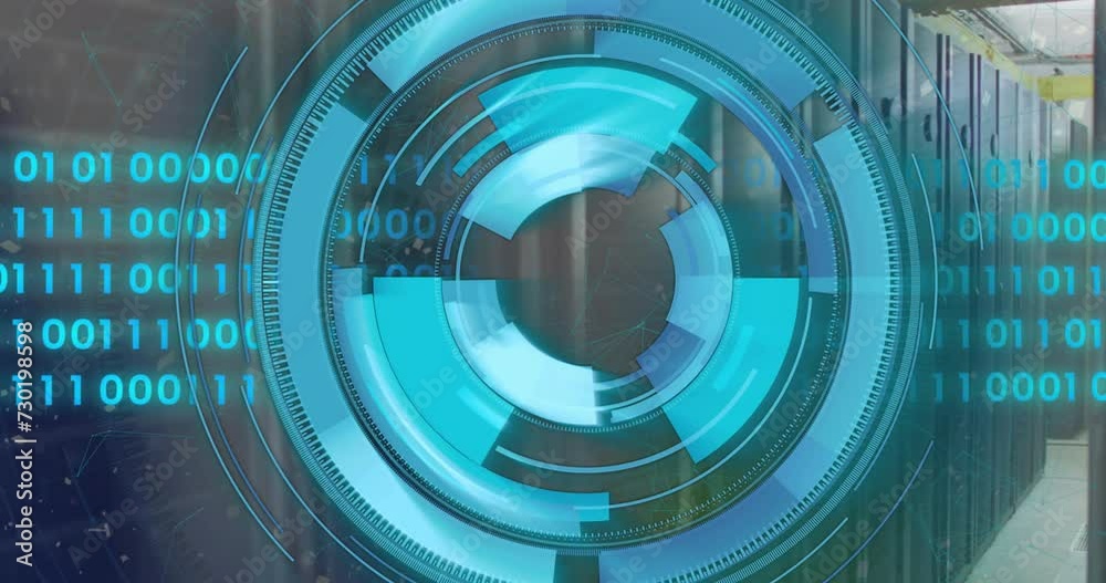 Animation of binary coding data processing and scope over computer servers