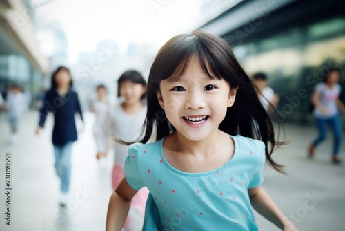 happy asian child girl running on the background of a crowd of people photo