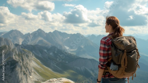 A female hiker with a backpack gazes at a breathtaking mountain landscape, embodying adventure and exploration.