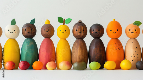 concept of Belonging Inclusion Diversity Equity DEIB, group of multicolor painted cute fruits , kids learning, cards 