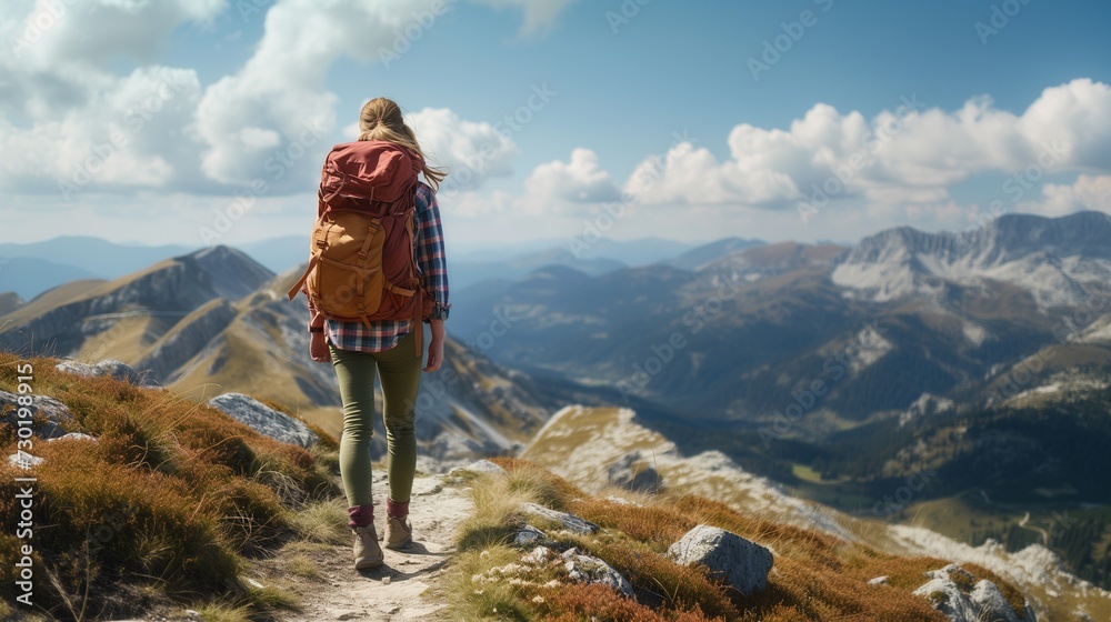 A female hiker with a backpack gazes at a breathtaking mountain landscape, embodying adventure and exploration.
