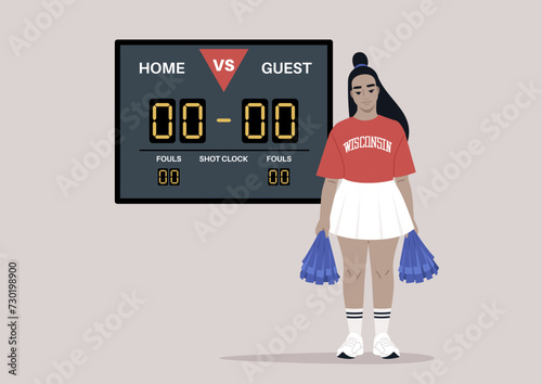 A young cheerleader stands confidently in front of a scoreboard displaying a tied game, ready to burst into action and support her team