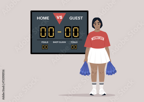 A young cheerleader stands confidently in front of a scoreboard displaying a tied game, ready to burst into action and support her team