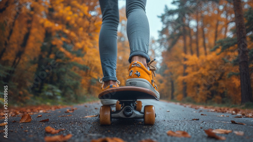 La liberté en skateboard : une jeune fille dévale la route à fleur de bitume, dans un décor naturel enchanteur. photo