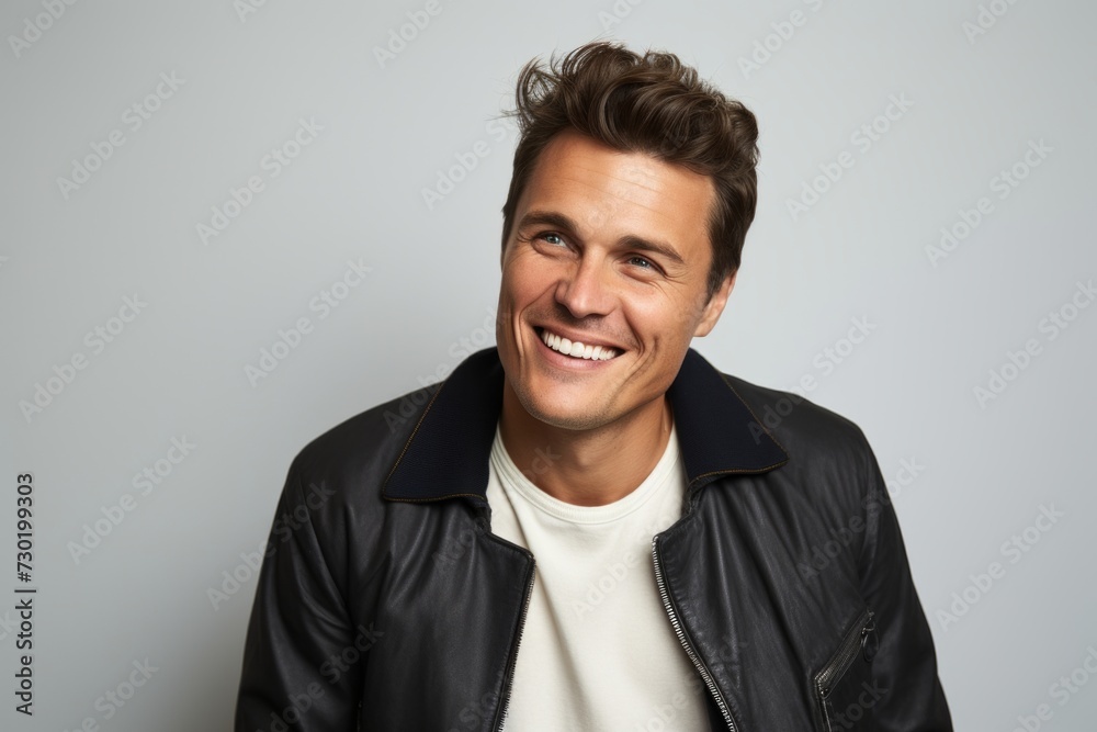 Handsome young man laughing and looking at camera on grey background Handsome young man laughing and looking at camera on grey background